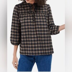 NWT Barbour Modern Heritage Black and Tan Loelie Plaid Peasant Blouse Size US 4